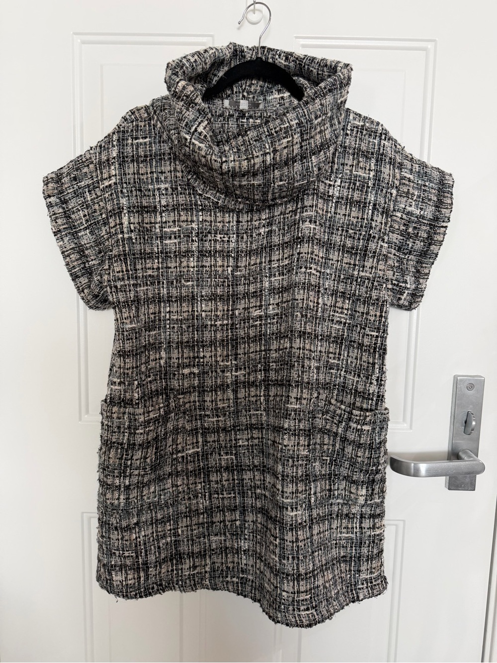 Bryn Walker Short-Sleeve Plaid Turtleneck Dress in Black and White